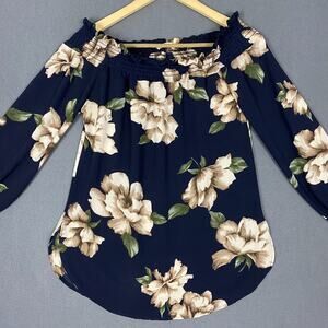 Jella C Top Womens Small Navy Ivory Floral Stretch Off-The-Shoulder Blouse Boho